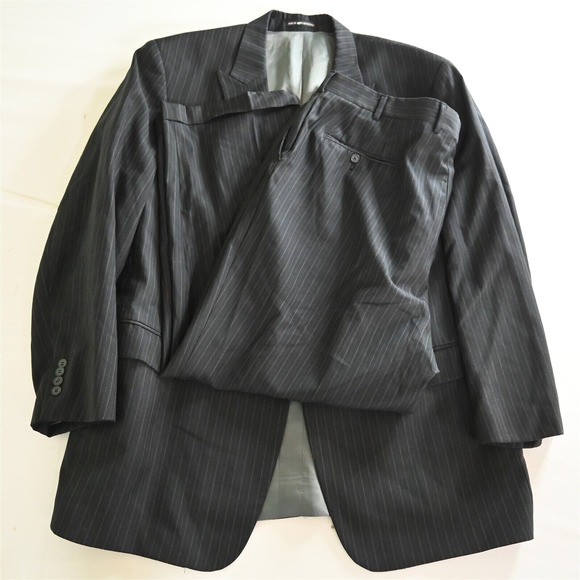Andrew Fezza 50L 42x30 Navy Blue Stripe 100%‎ Wool Mens Jacket Pants Suit